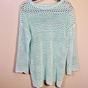 Crochet Sweater Open Knit Mini Dress  Cover Up Long Sleeve Aqua Beach ‎ Size M/L